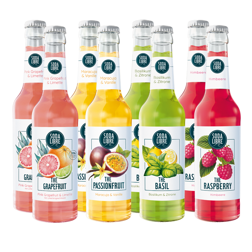 Soda Libre Probierpaket - 2x The Basil 0,33l + 2x The Raspberry 0,33l + 2x The Passionfruit 0,33l + 2x The Grapefruit 0,33l