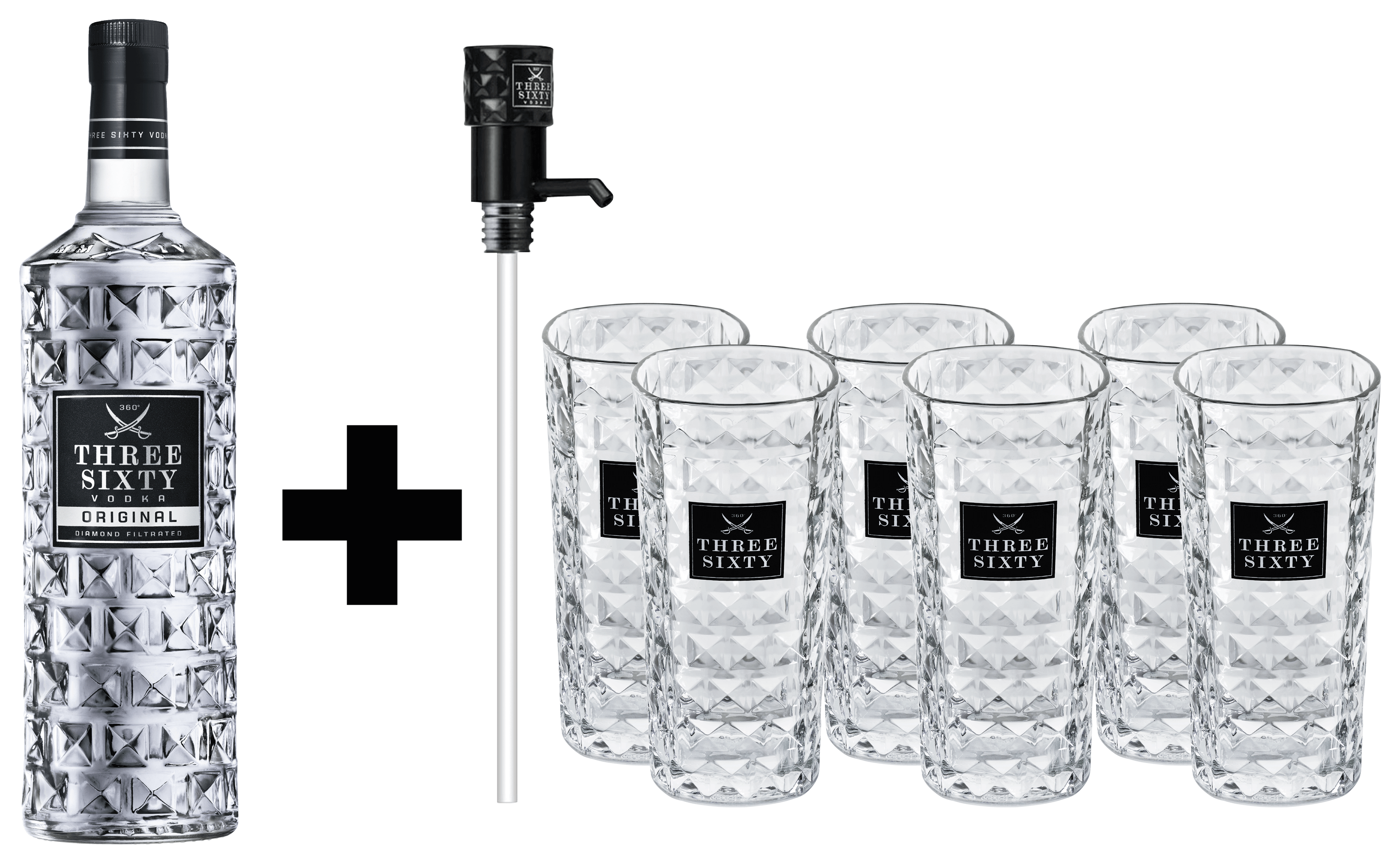 Produktabbildung THREE SIXTY Vodka 3,0l+THREE SIXTY Vodka 3,0l Flaschenpumpe+6x THREE SIXTY Gläser 0,3l