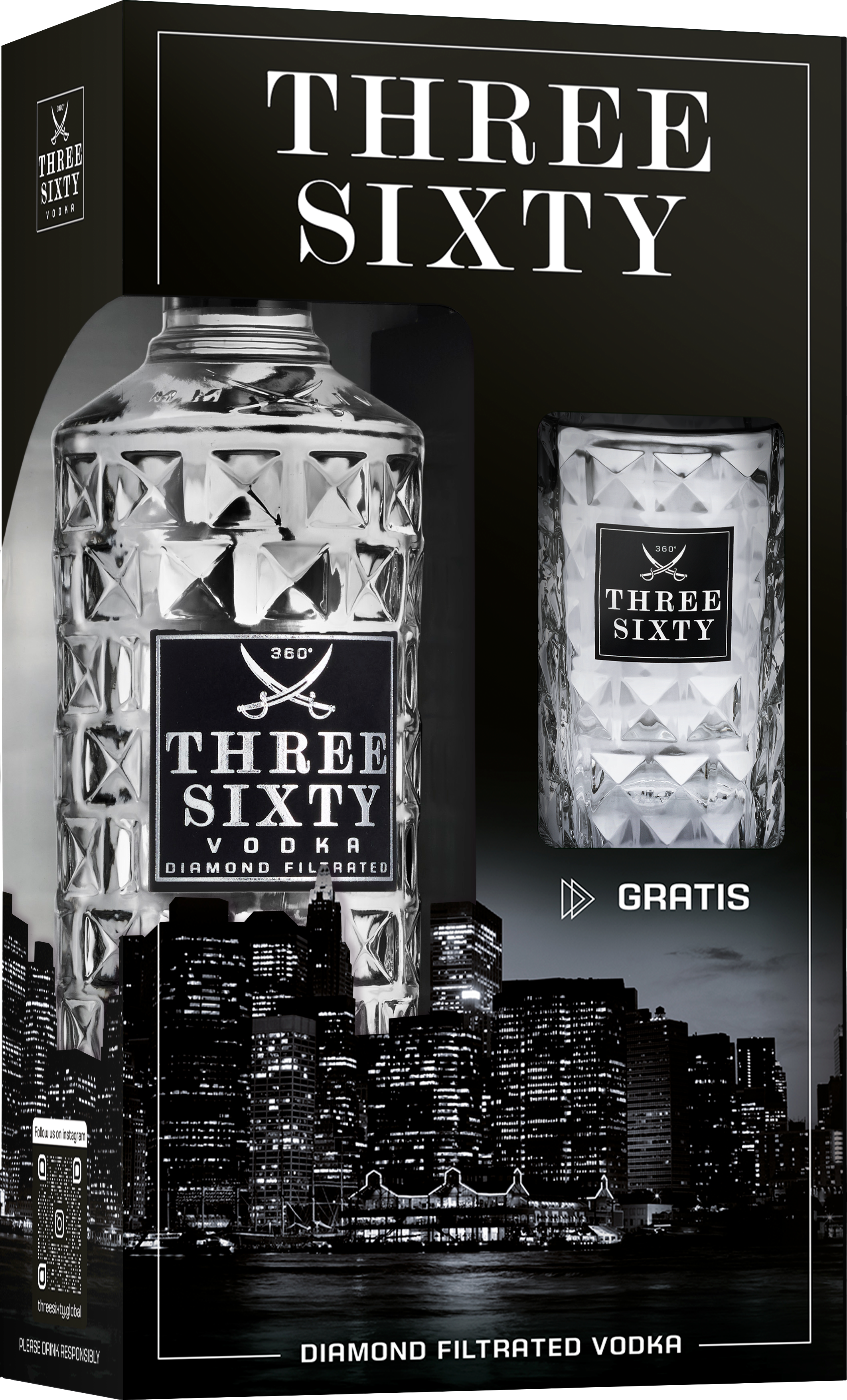 Produktabbildung THREE SIXTY Vodka 0,7l mit Gratis-Markenglas 0,20l