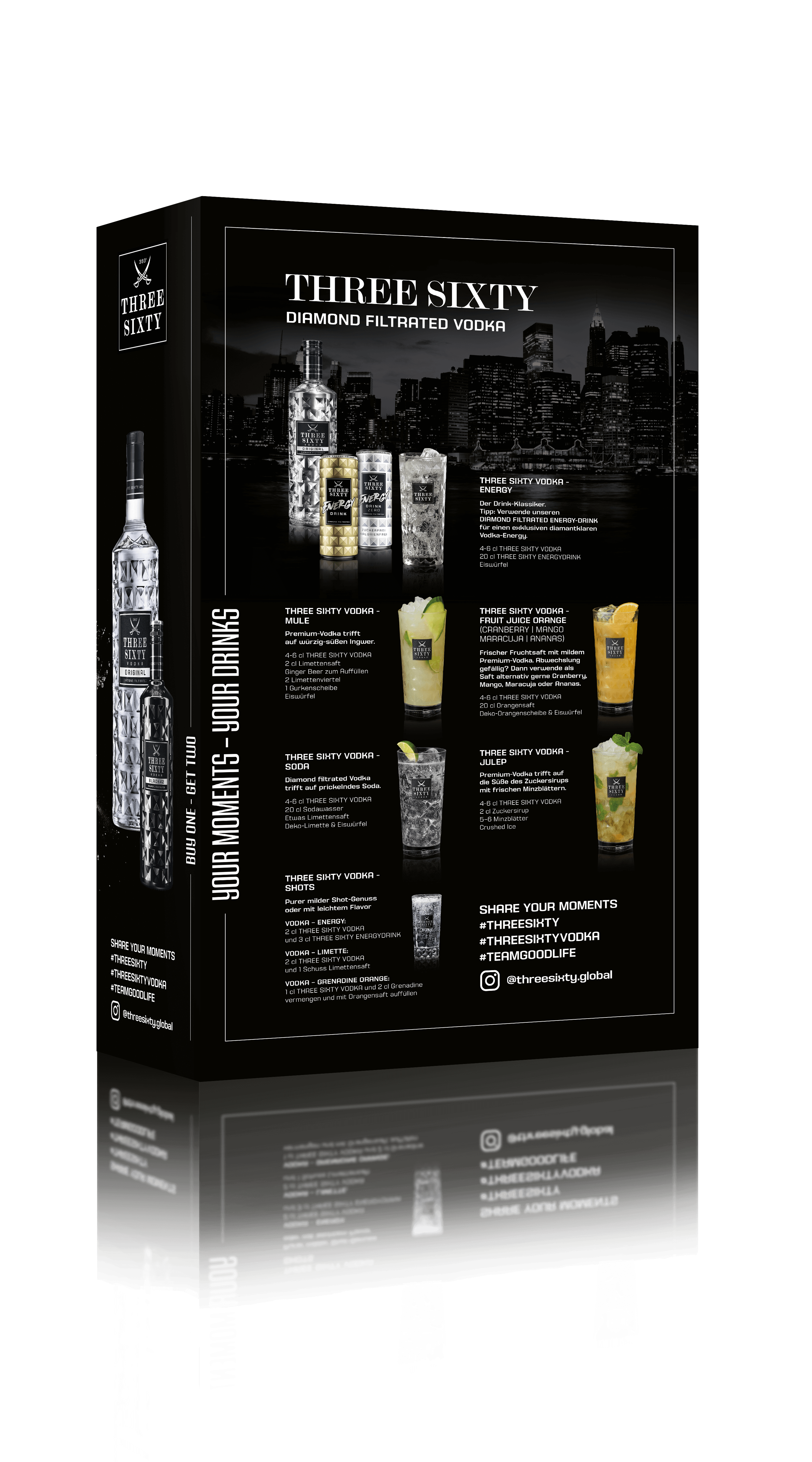 THREE SIXTY VODKA 3l+1x Flasche THREE SIXTY BLACK 42 0,5l gratis Rückseite
