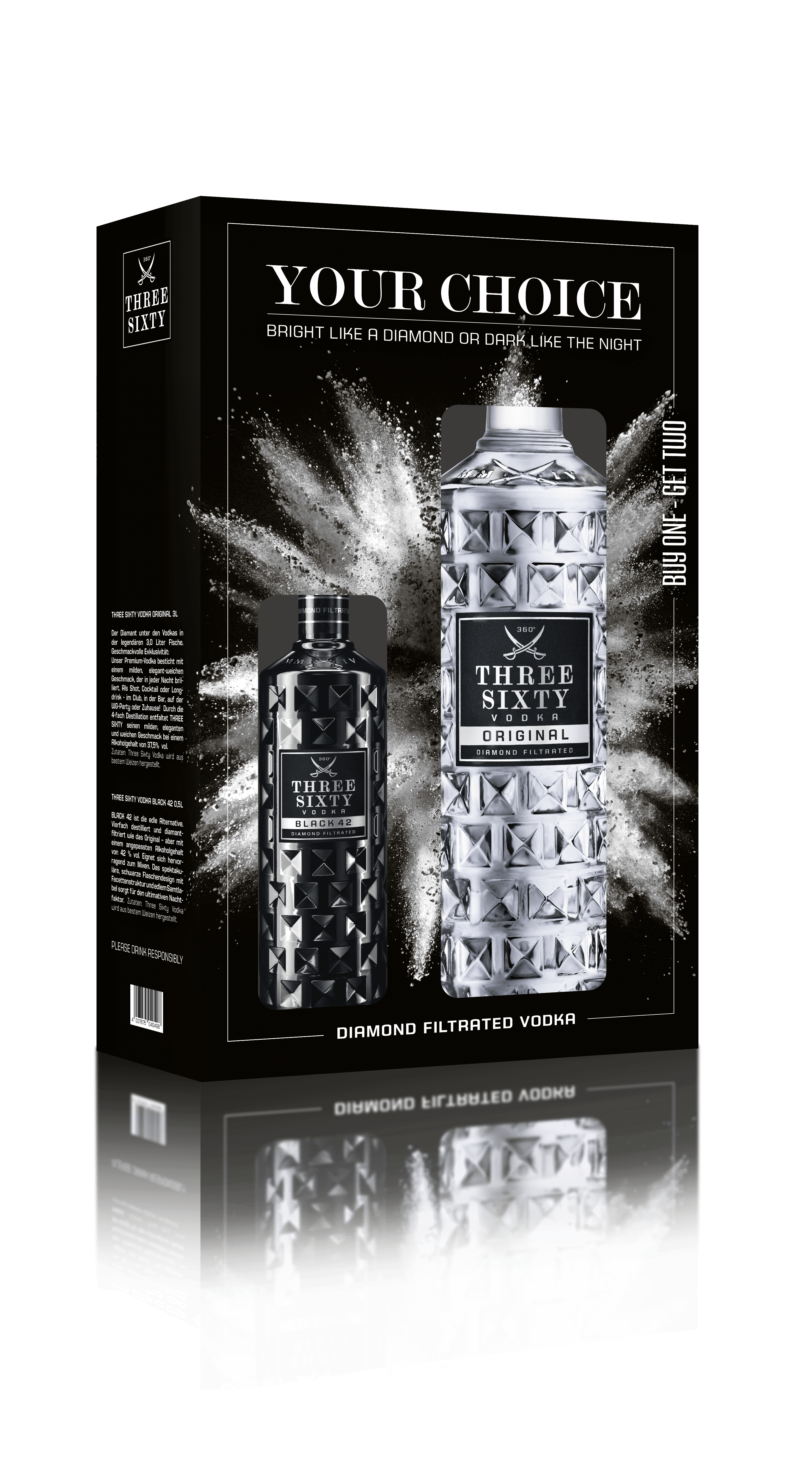 Produktabbildung THREE SIXTY VODKA 3l+1x Flasche THREE SIXTY BLACK 42 0,5l gratis
