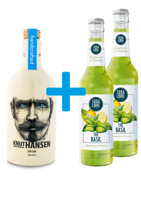 Produktabbildung KNUT HANSEN Dry Gin 0,5l + 2x Soda Libre The Basil 0,33l