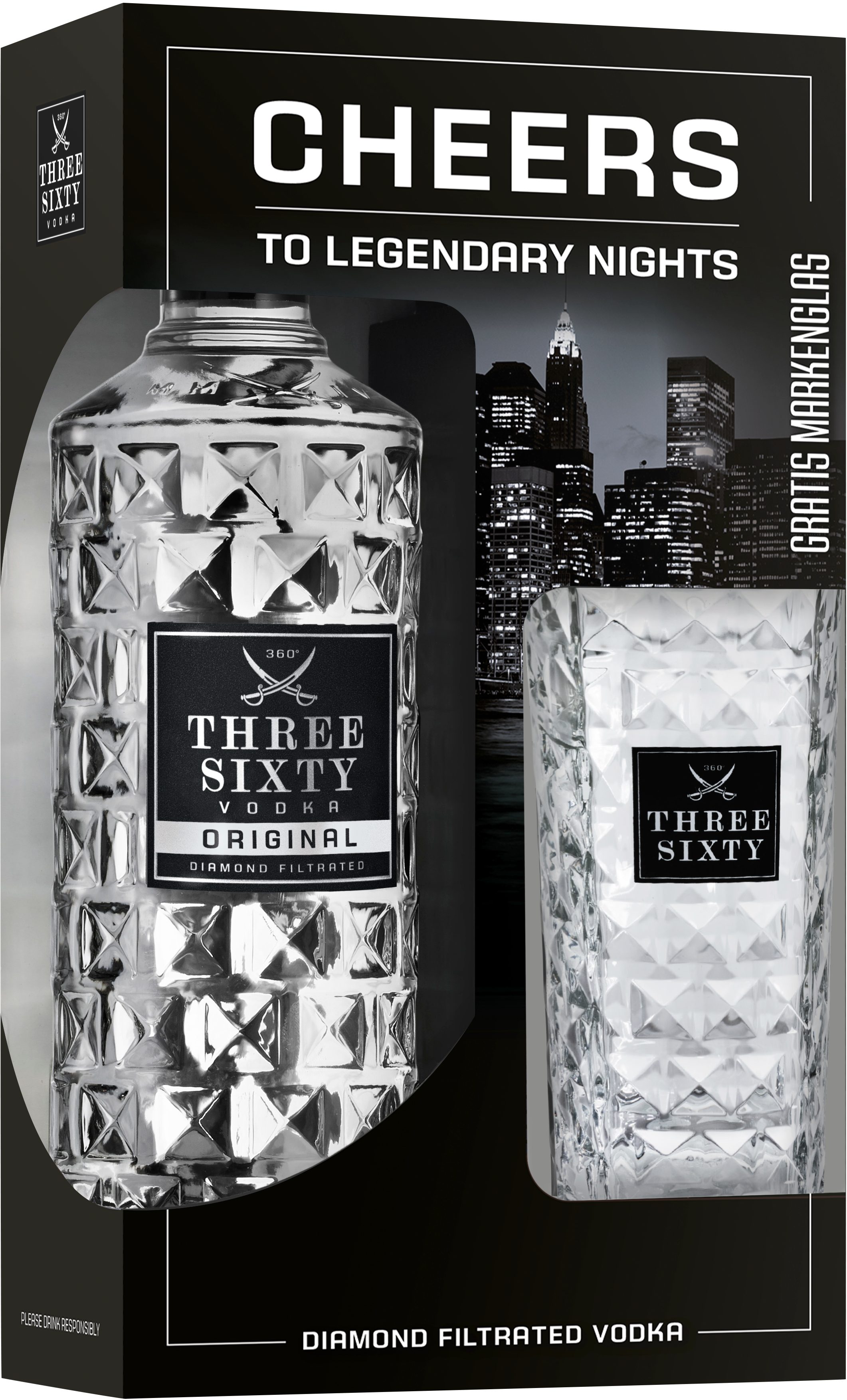Produktabbildung THREE SIXTY Vodka 0,7l mit Gratis-Longdrinkglas 0,3l