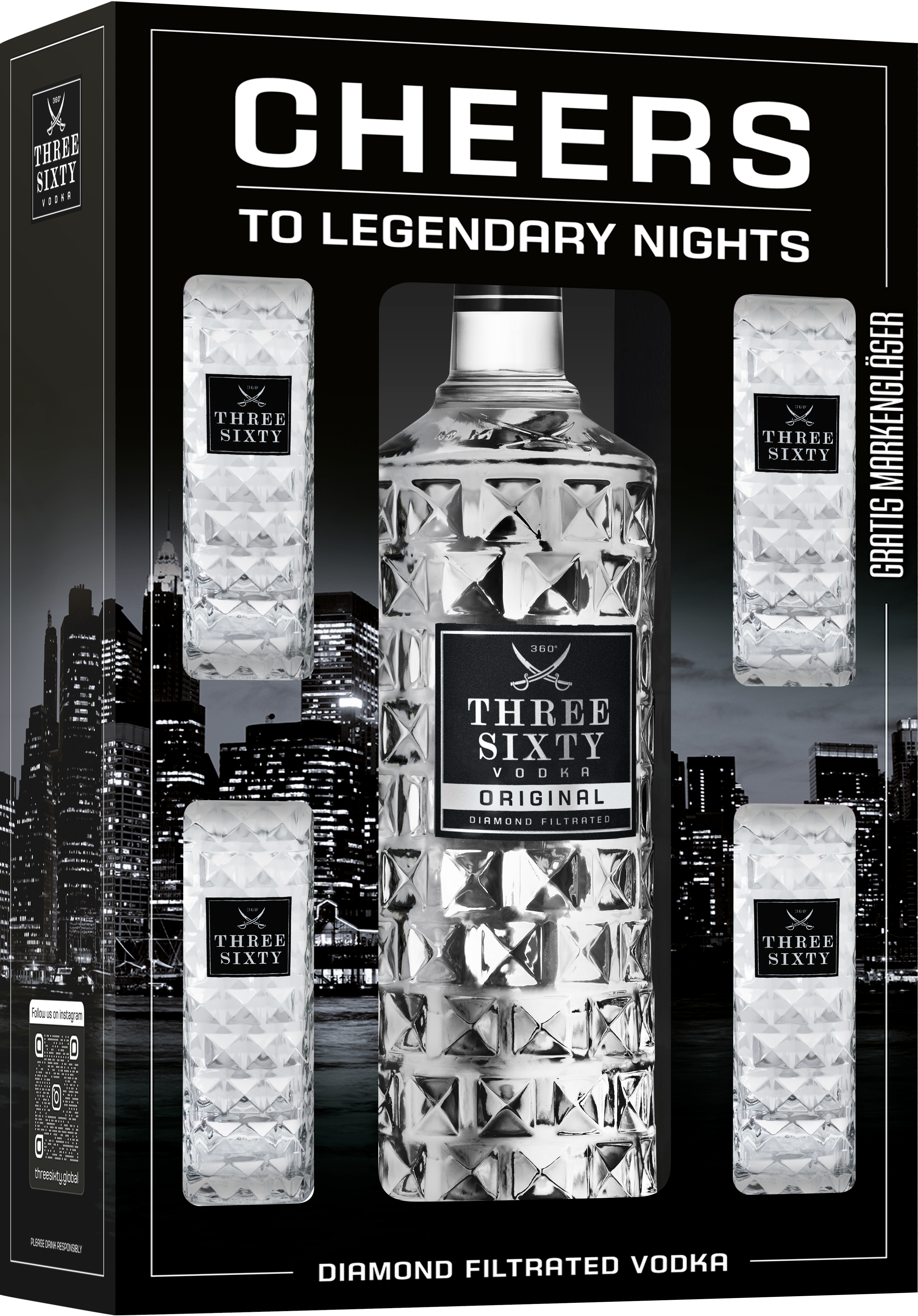 Three Sixty Vodka 3,0 l 37,5%vol. Geschenk-Onpack mit 4 Gläsern