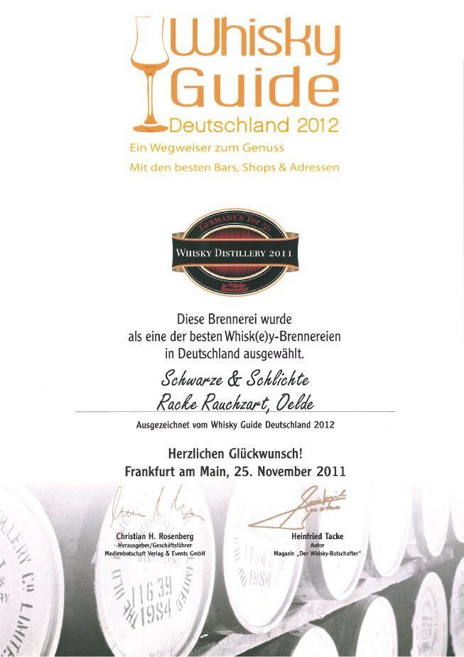Auszeichnung Urkunde Whisky Guide 2012 für Racke Rauchzart
