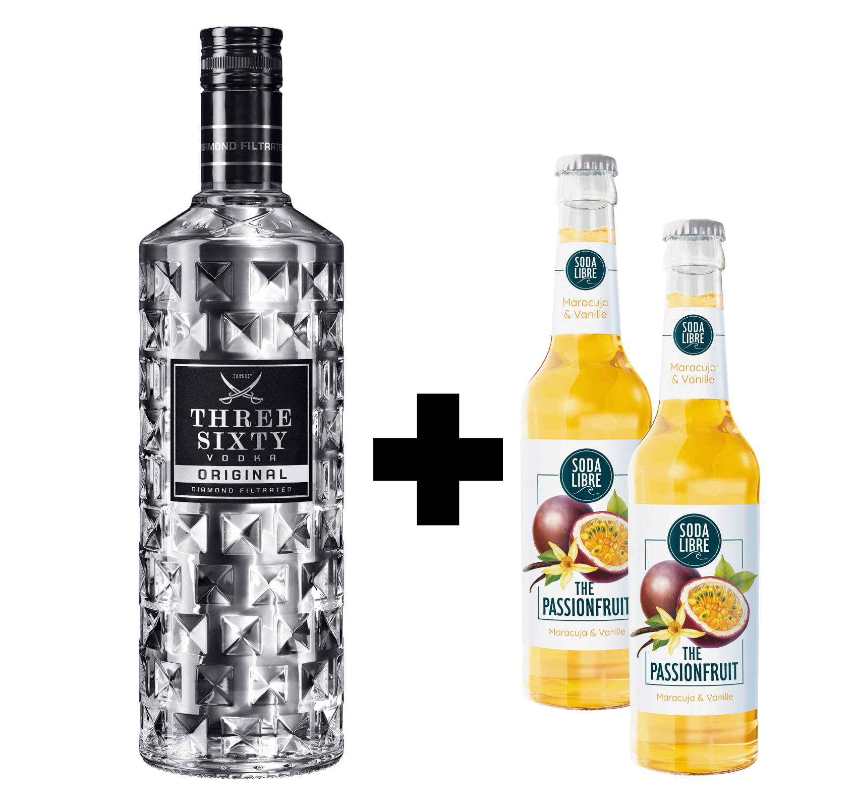 Produktabbildung THREE SIXTY Vodka 0,7l+2x SODA LIBRE The Passionfruit 0,33l ("Pornstar-Martini" Bundle)