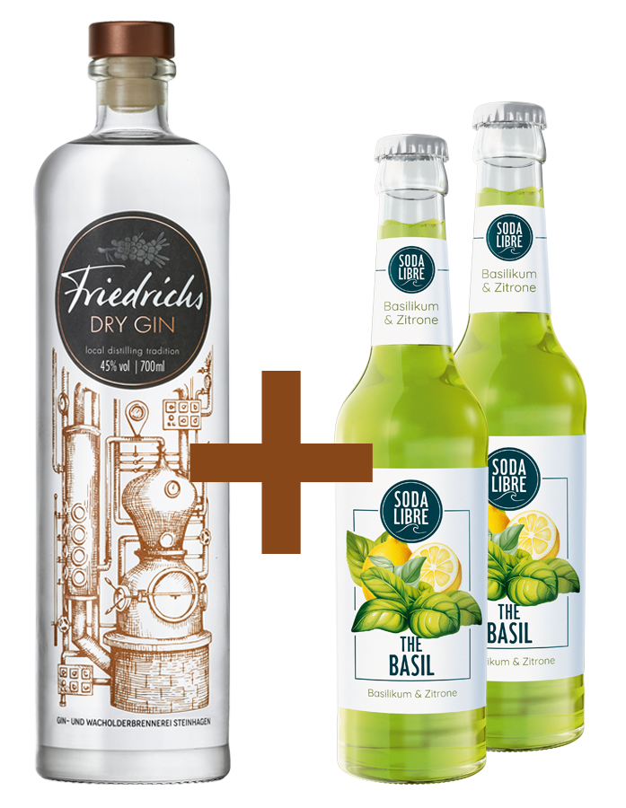 Produktabbildung Friedrichs Dry Gin 0,7l+2x Soda Libre The Basil 0,33l